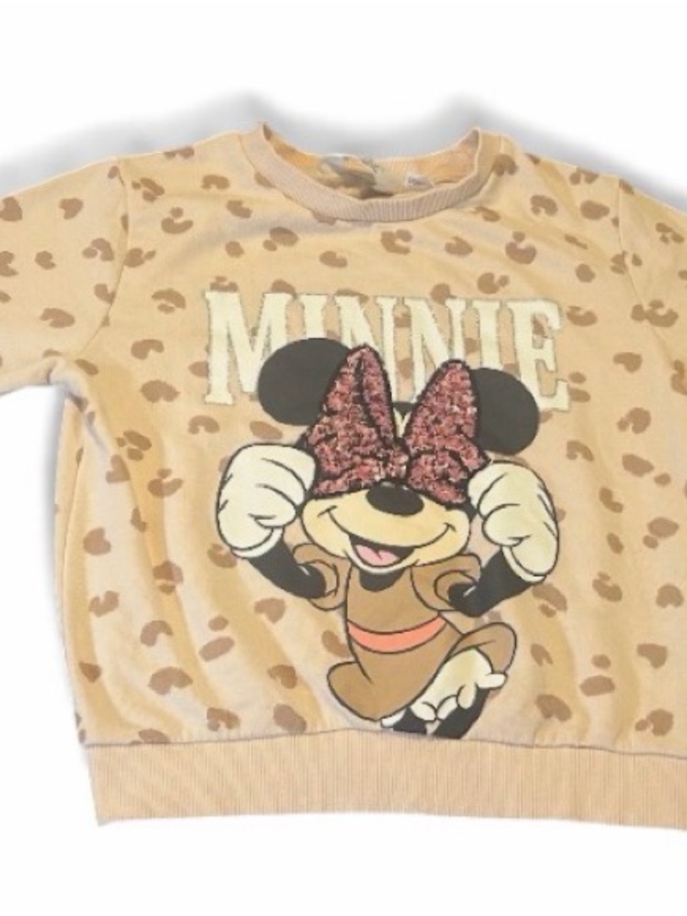 H&M Beige Leopard Minnie Mouse Sweatshirt with Pink Sequin Bow